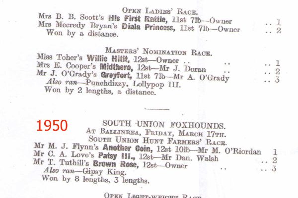 Image of South Union Foxhounds Point to Point runners and riders 1950 page 1